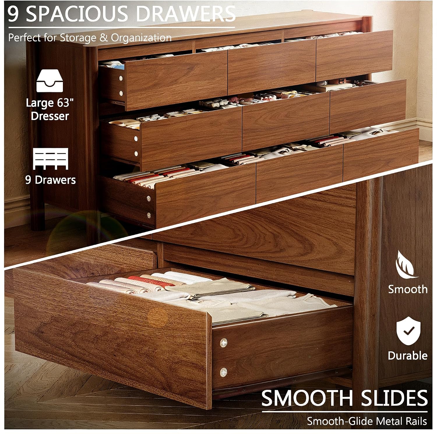 Walnut Wide 9-Drawer Concealed Handle Dresser
