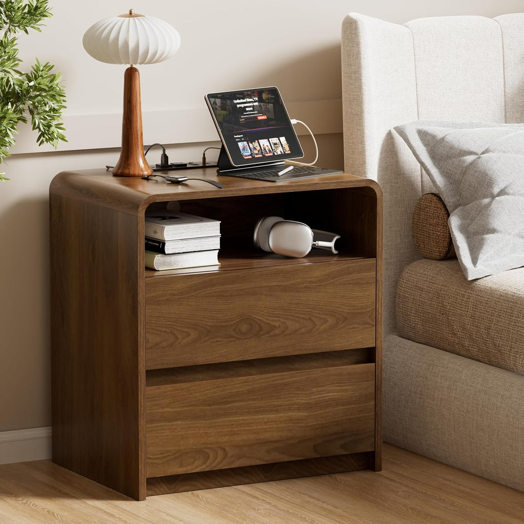 Curved Walnut Hidden Drawer Nightstands Set of 2