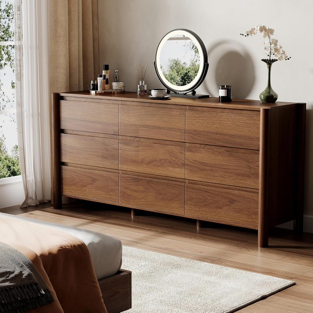 Walnut Wide 9-Drawer Concealed Handle Dresser